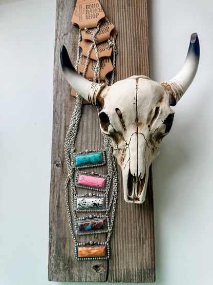 Western Semi Stone Bar Necklace - with Rhinestone edge