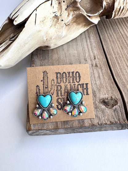 Western Heart Stone Stud Earrings
