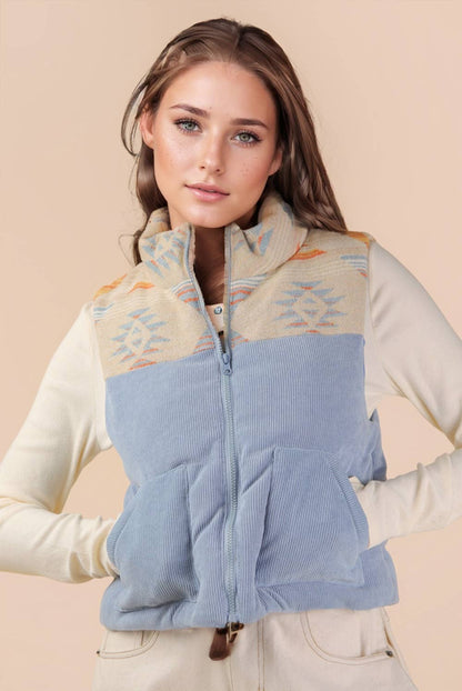 NJ90416-Aztec Graphic Corduroy Casual Puffer Vest