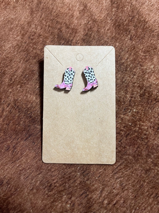 Pink Cowboy Boots Wooden Earrings
