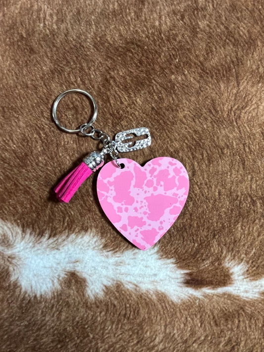 Pink Cow Print Heart Keychain