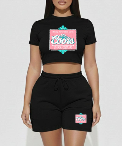 Fitted Crop Tee & Shorts Set - Black