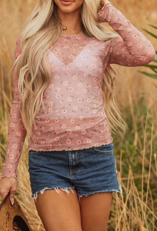 Pink Floral Mesh Top