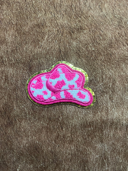 Pink Cow Print Cowboy Hat Iron on Patch