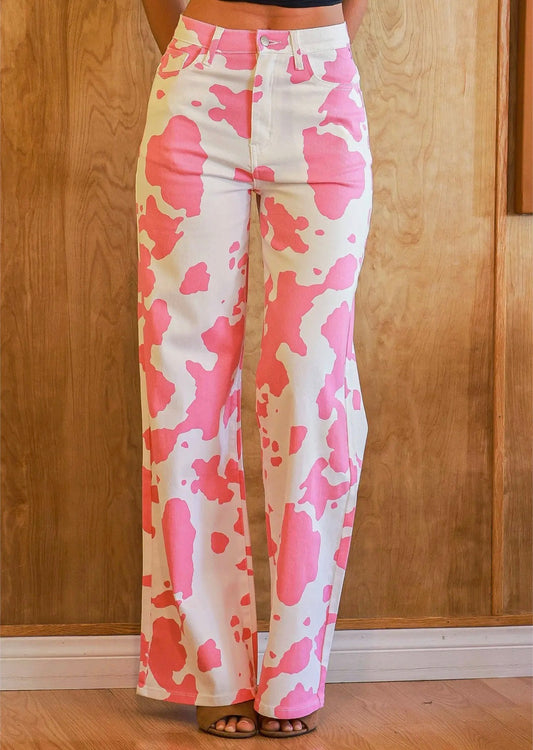 Pink Cow Print Wide Leg Jeans Pre-order