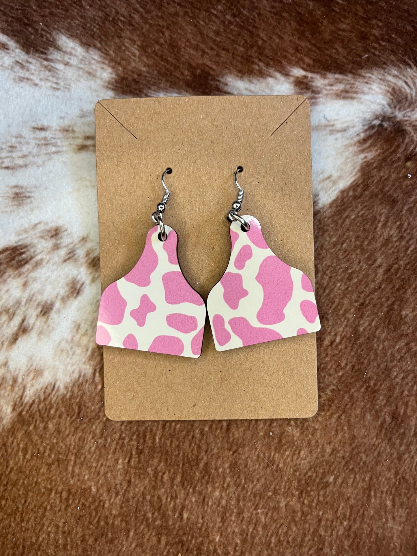 Pink Cow Print Ear Tag Earrings