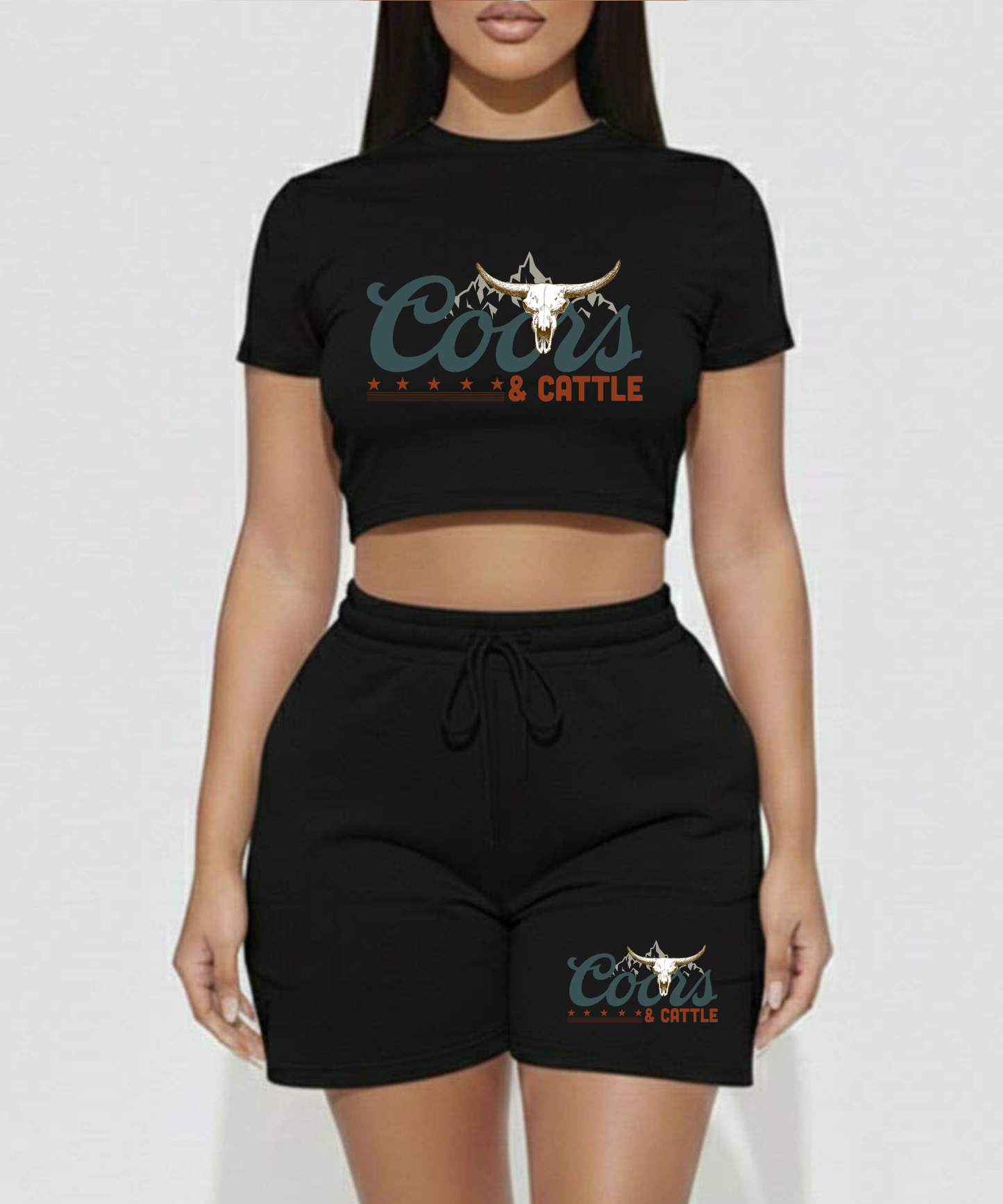 Fitted Crop Tee & Shorts Set - Black