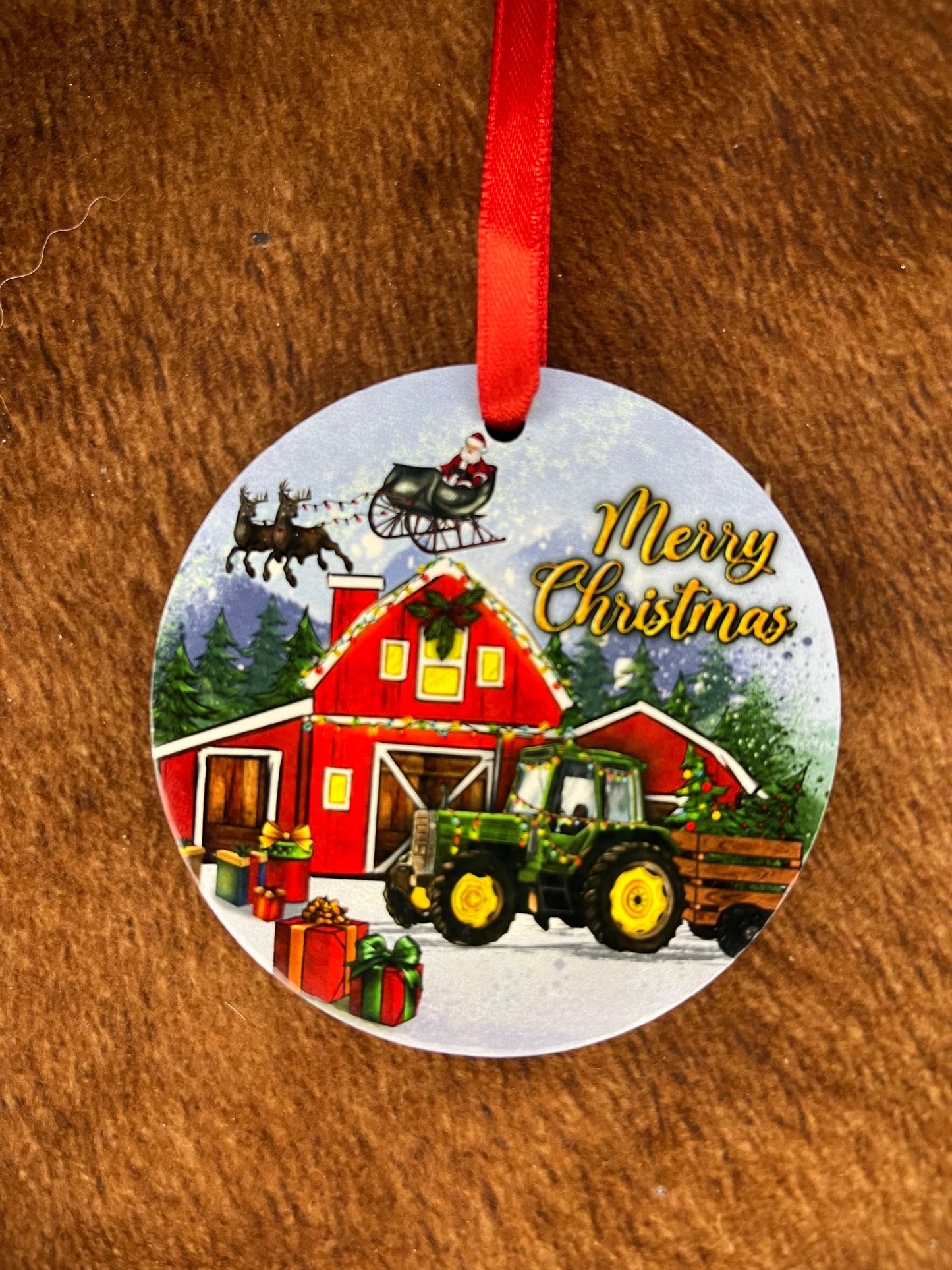 Barn and Green Tractor Merry Christmas Ornament