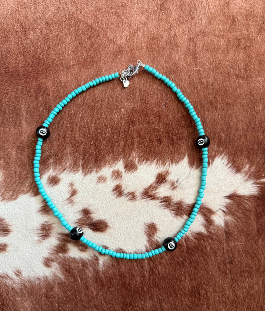 Turquoise 8 Ball Seed Bead Choker Necklace