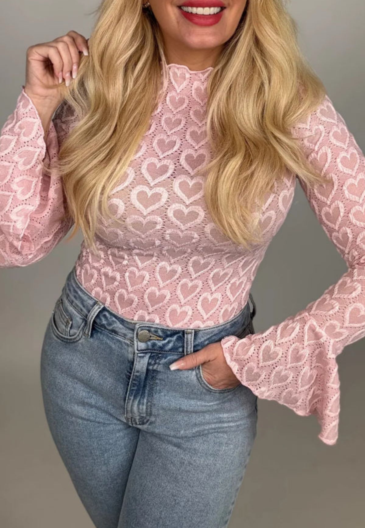 Pink Bell Sleeve Lace Top