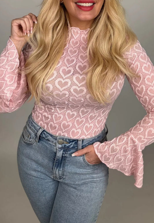 Pink Bell Sleeve Lace Top