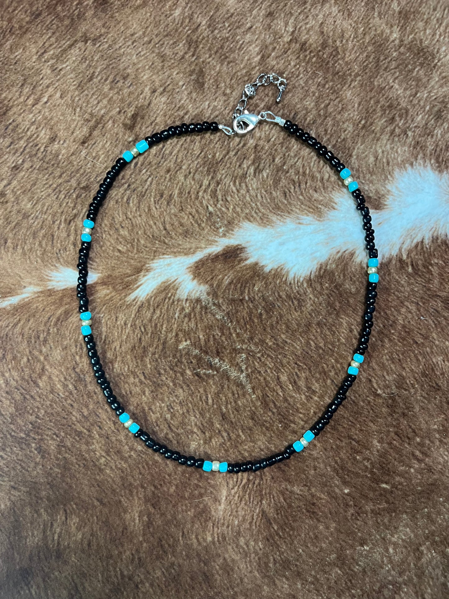 Black, Turquoise and Gold Seed Bead Choker Necklace