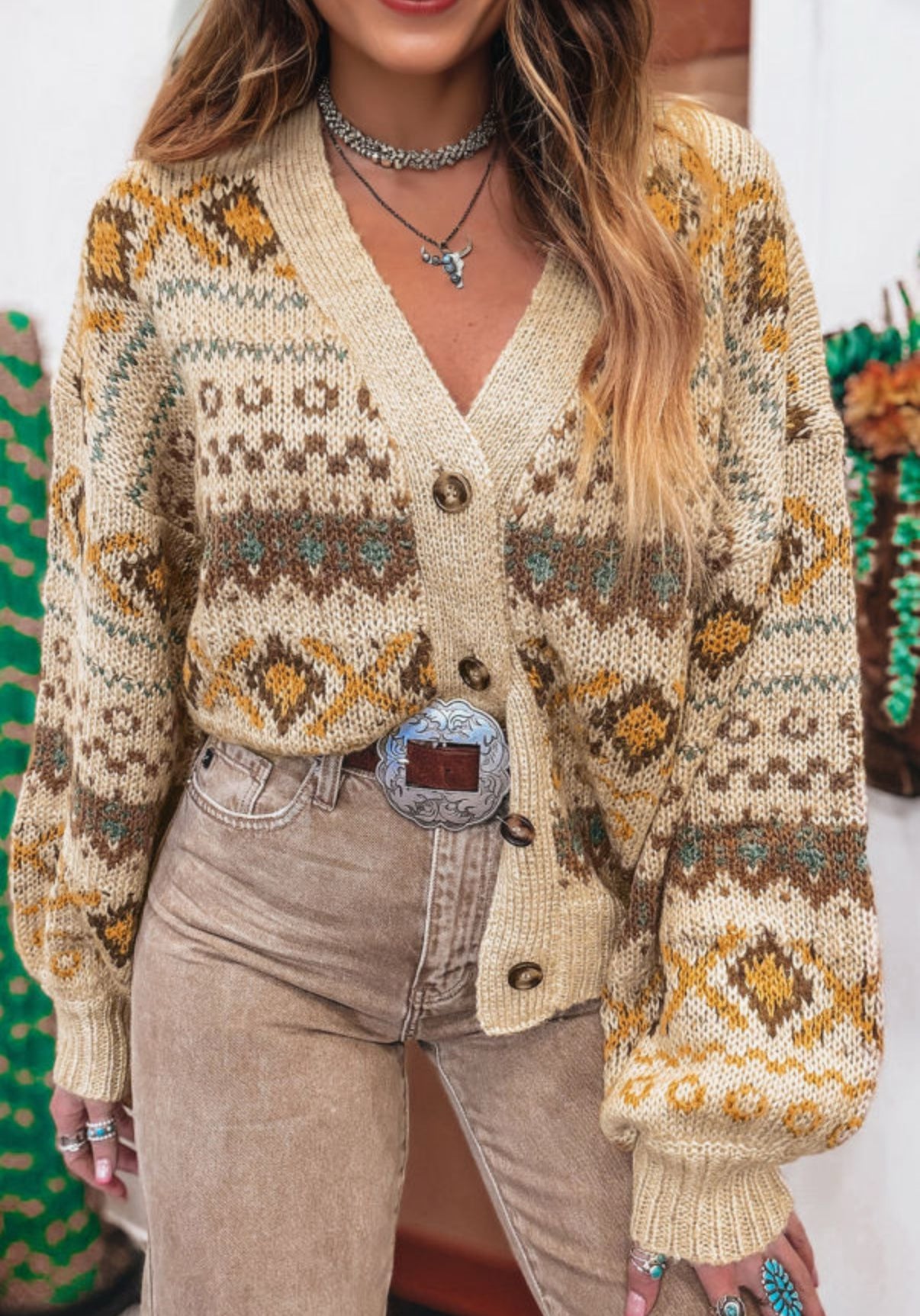 Khaki Western Knitted V Neck Sweater
