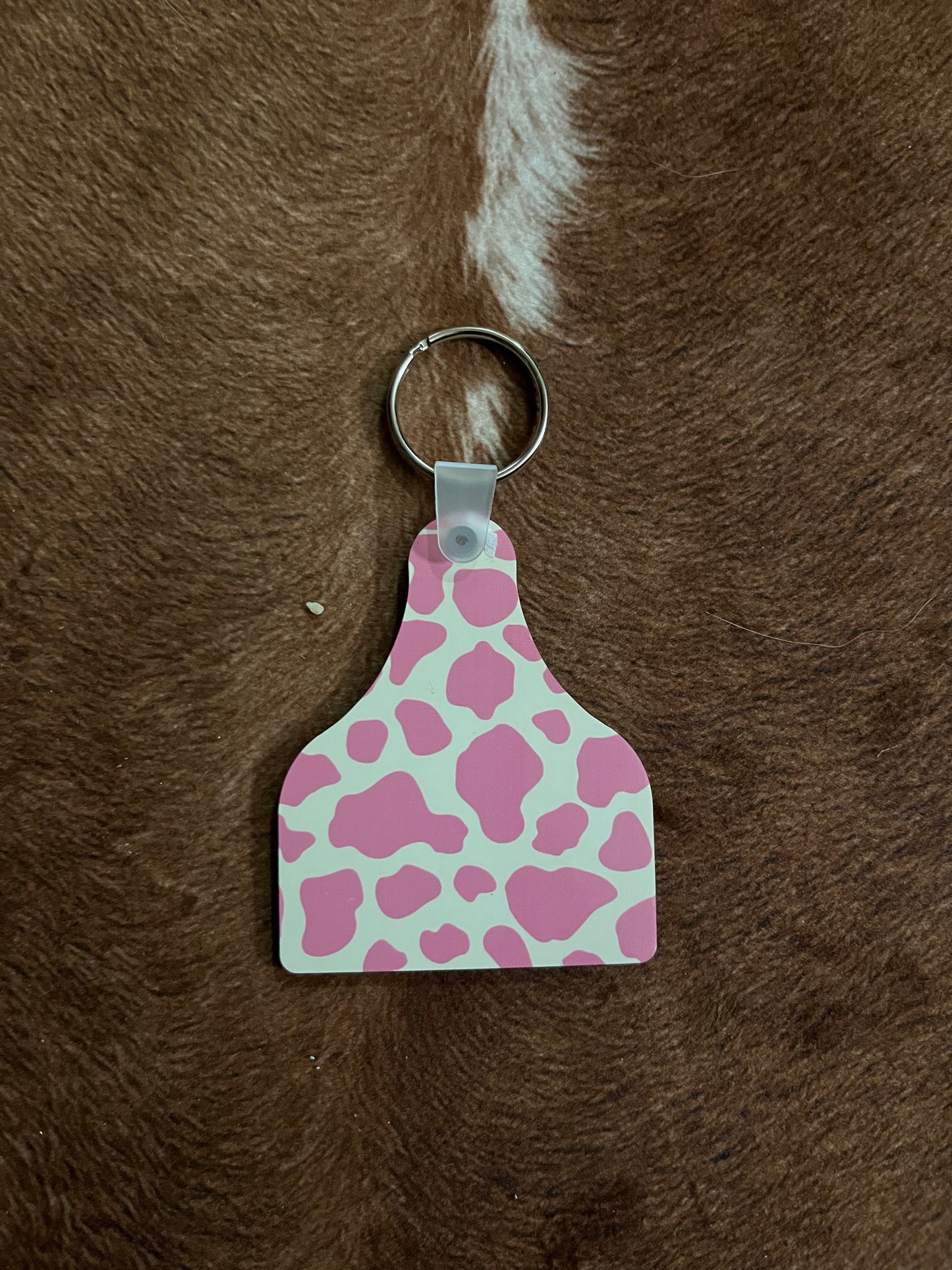 Pink Cow Print Ear Tag Keychain