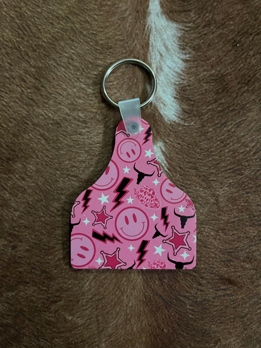 Pink Smiley Faces Ear Tag Keychain