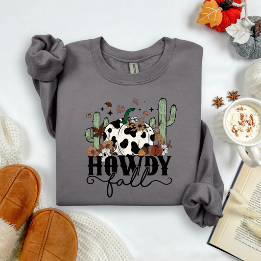 Howdy Fall Cow Print Pumpkin Crewneck