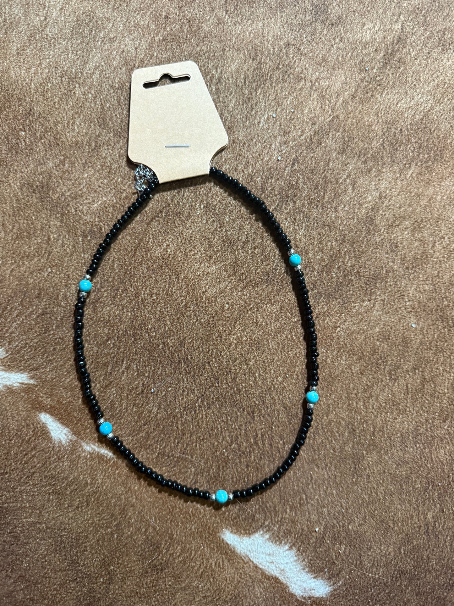 Black Seed Bead Choker Necklace with Small Turquoise Coloured Sphere
