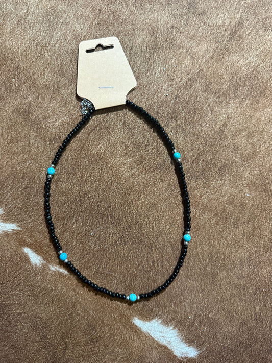 Black Seed Bead Choker Necklace with Small Turquoise Coloured Sphere
