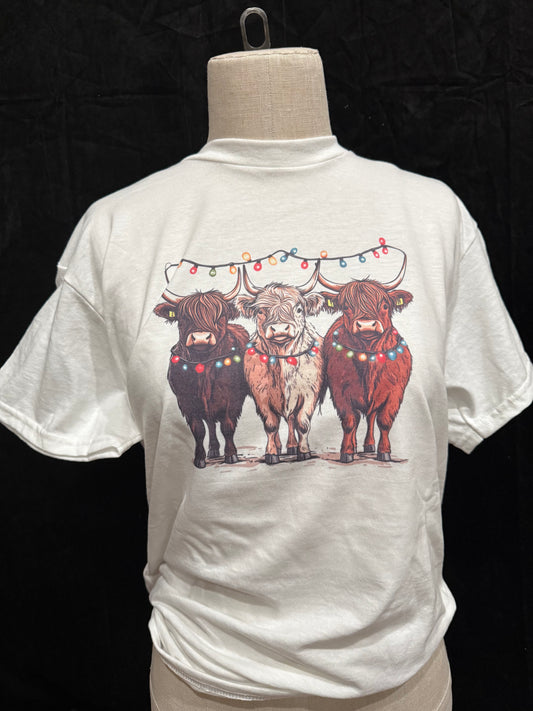 Christmas Lights Highland Cow Retro T-shirt