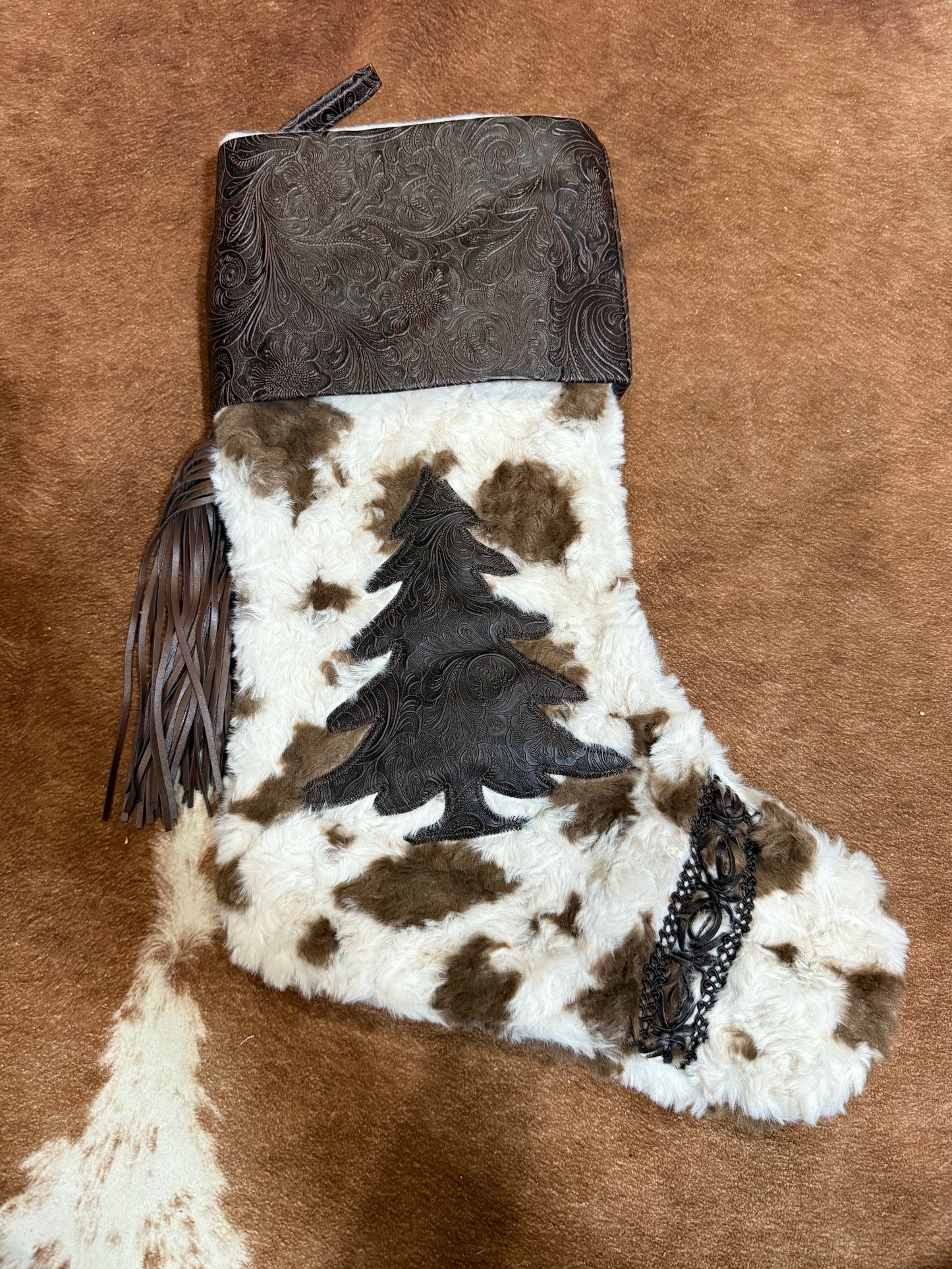 Cow Print Embroidered Christmas Tree Stocking (pre-order)