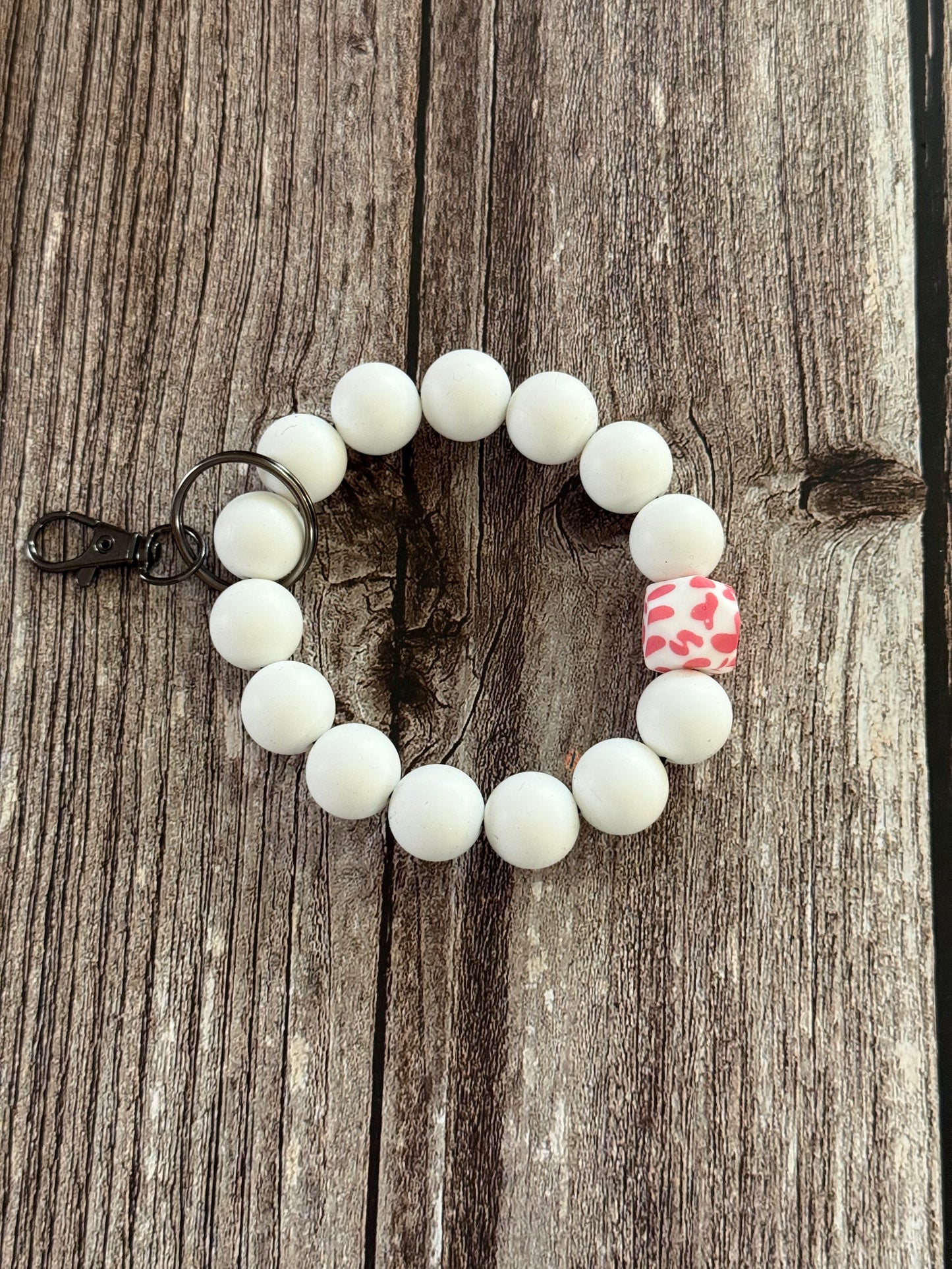 White with Pink Cow Print Wristlet Keychain