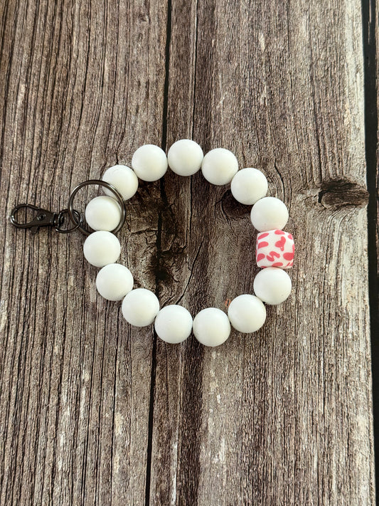 White with Pink Cow Print Wristlet Keychain