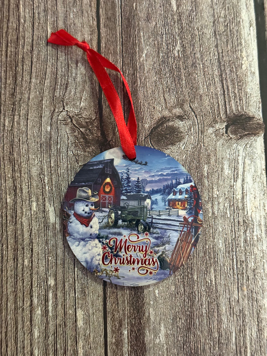 Snowman and Tractor Merry Christmas Ornament