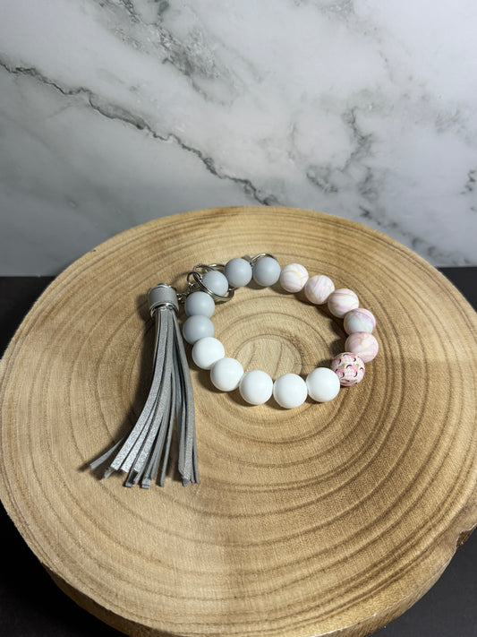 Grey, White, and Pink Marble Wristlet Keychain