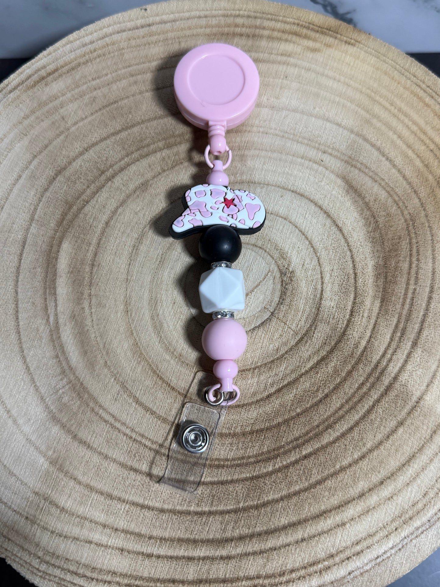 Pink, White and Black Cowboy Hat Badge Reel