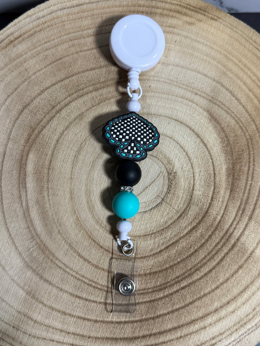 Black and Turquoise Checkered Spade Badge Reel