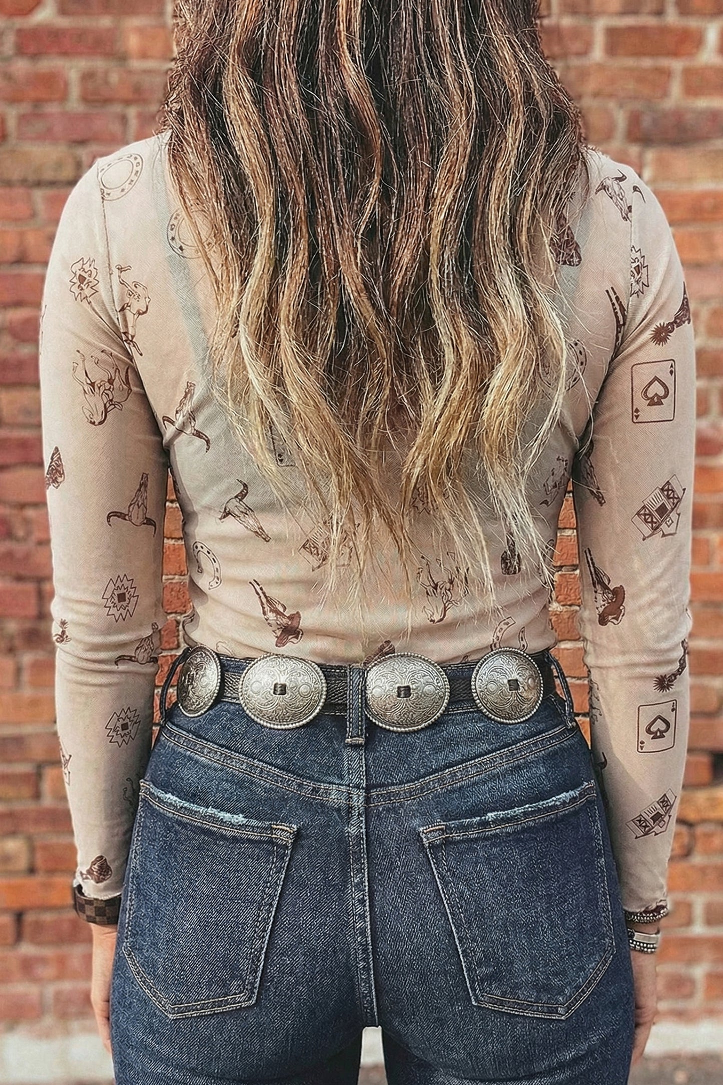 Western Print Mesh Top
