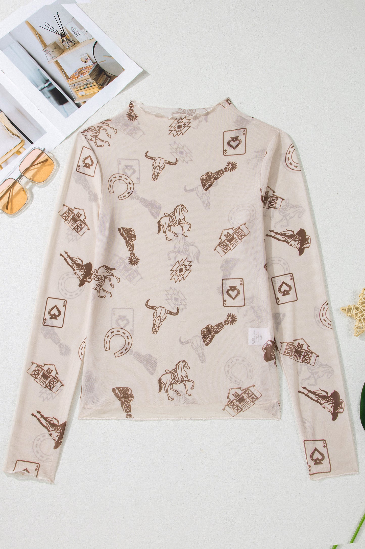 Western Print Mesh Top