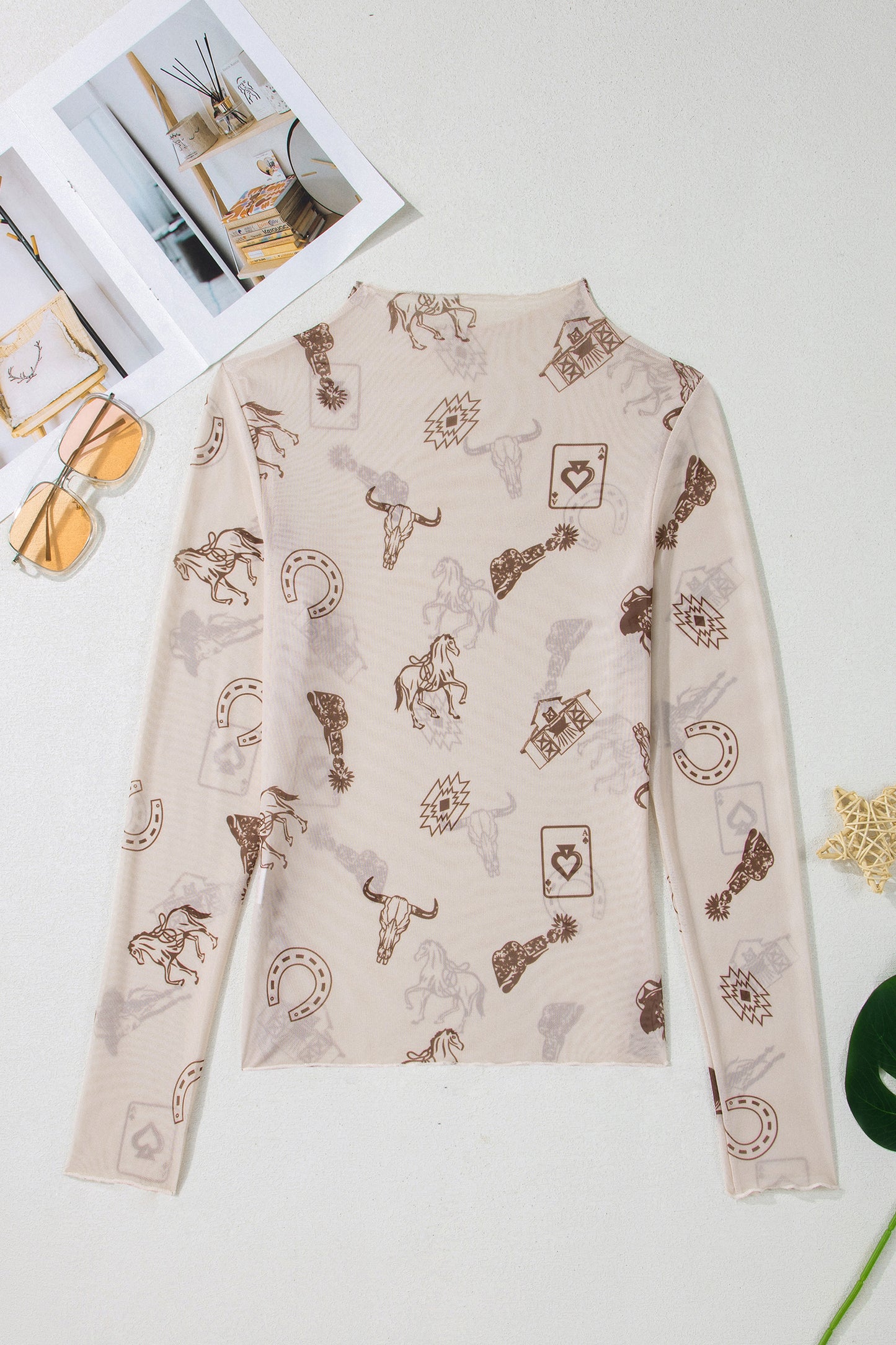 Western Print Mesh Top