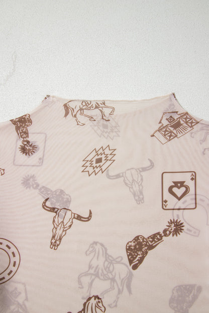 Western Print Mesh Top