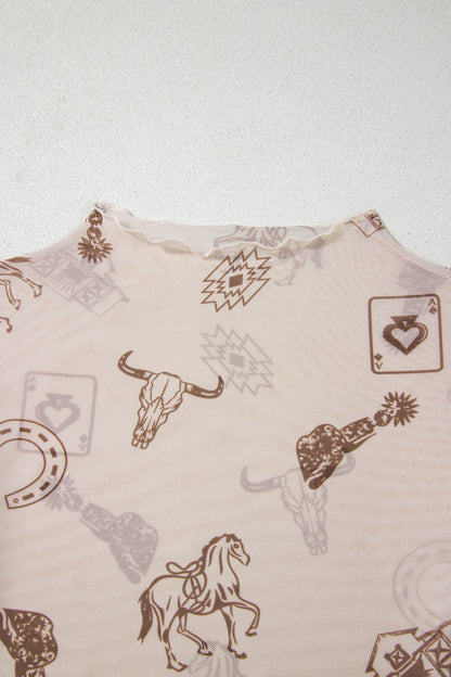 Western Print Mesh Top