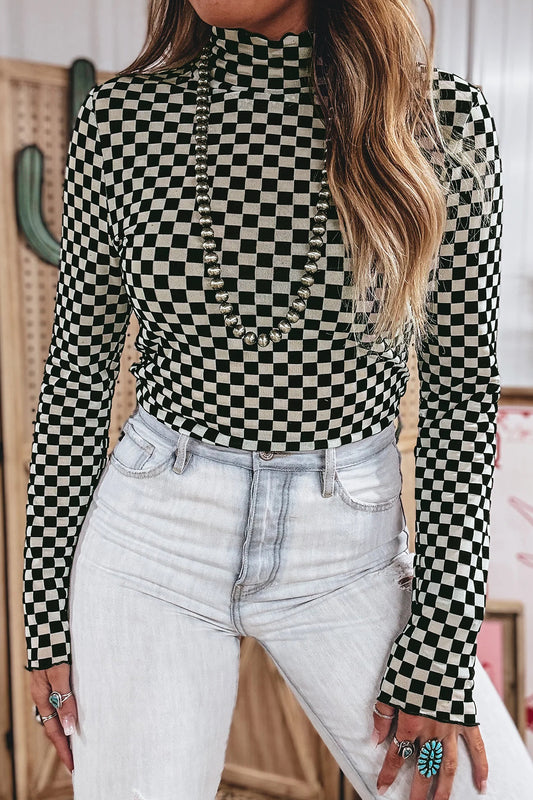 Checkered Print Mesh Top