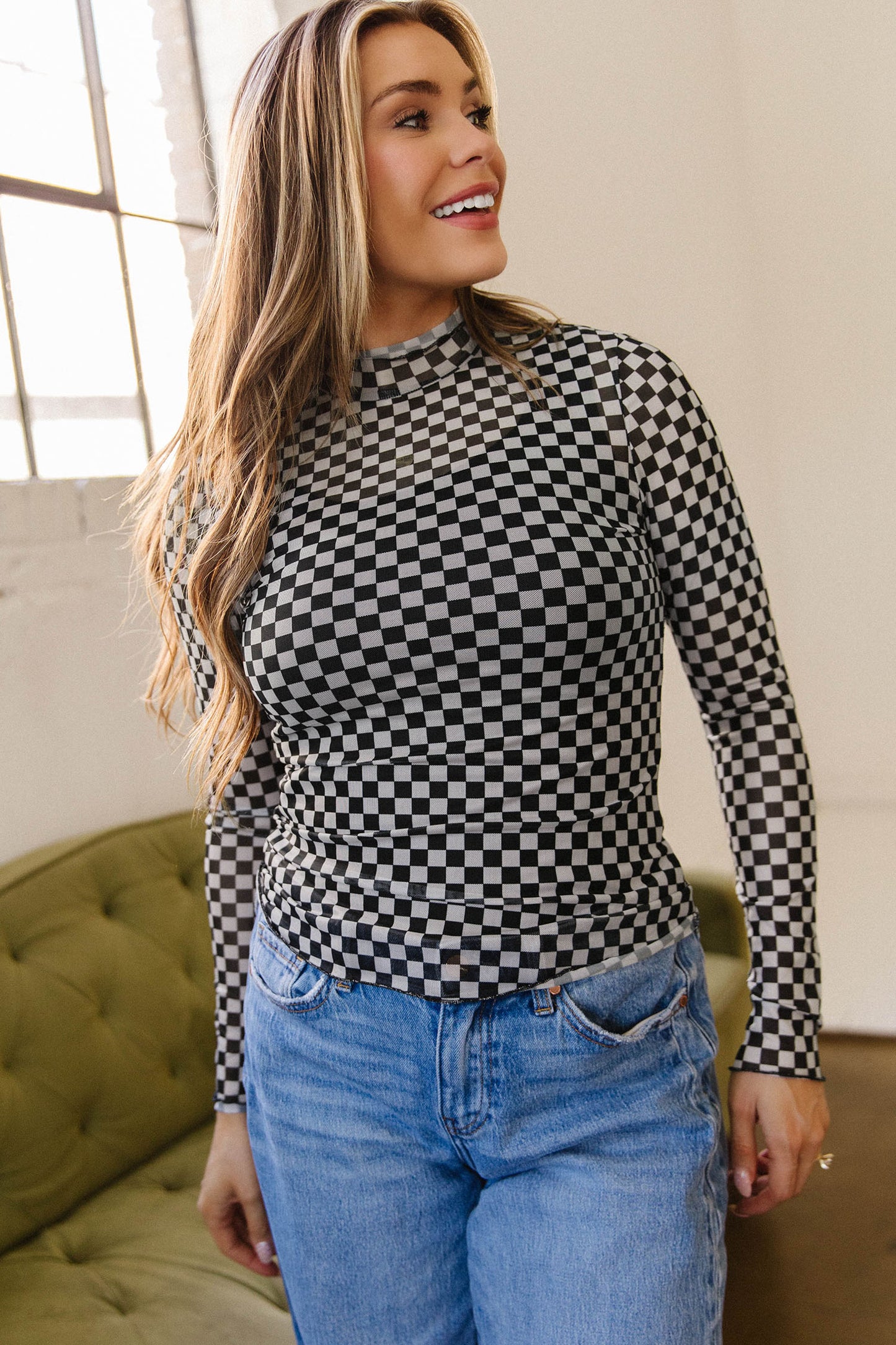 Checkered Print Mesh Top