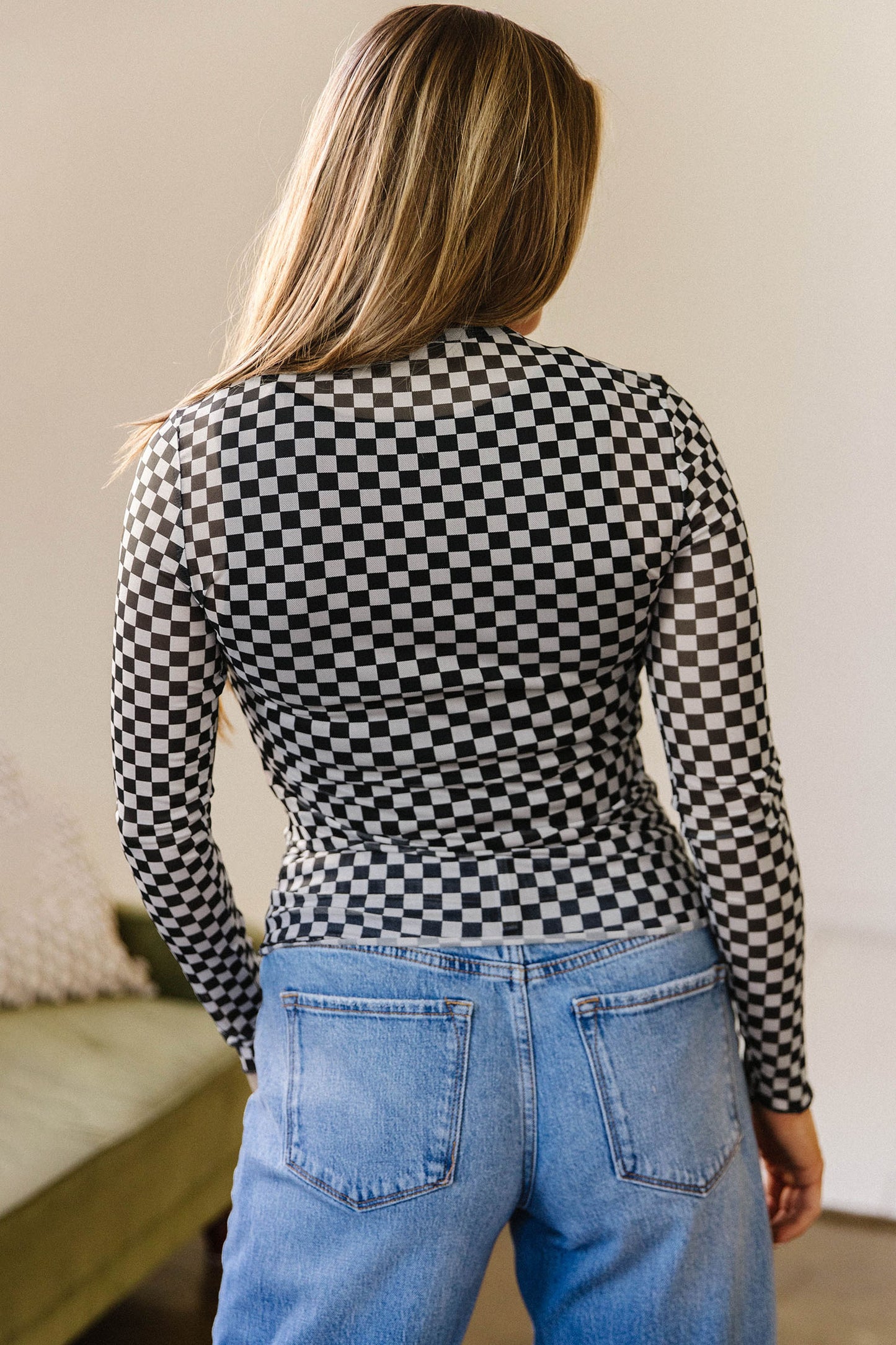 Checkered Print Mesh Top