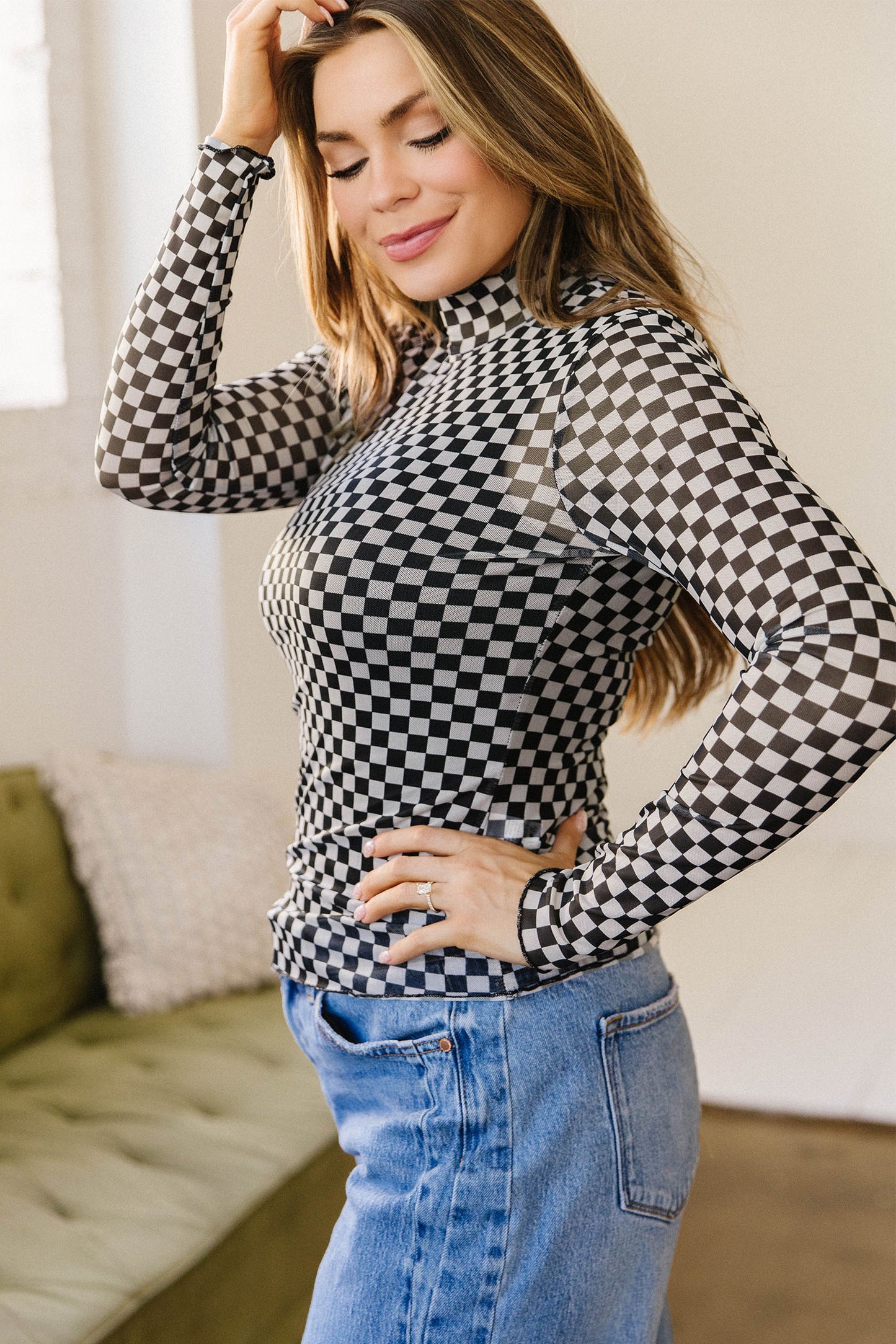 Checkered Print Mesh Top