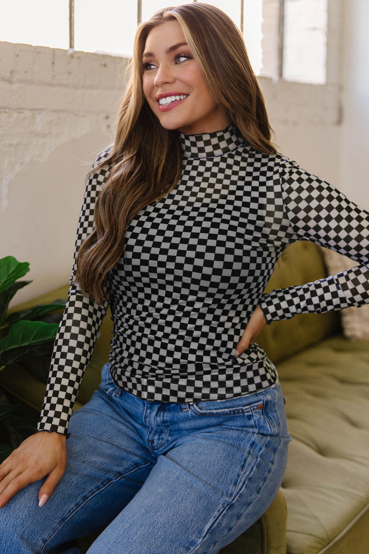 Checkered Print Mesh Top