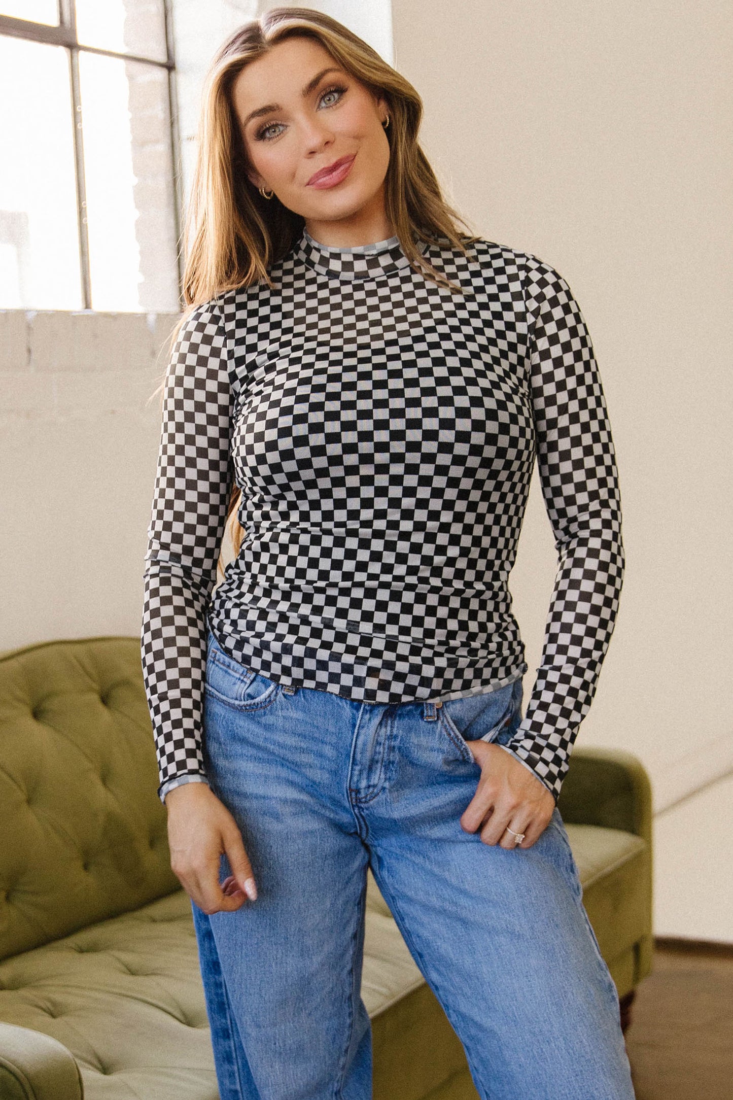 Checkered Print Mesh Top