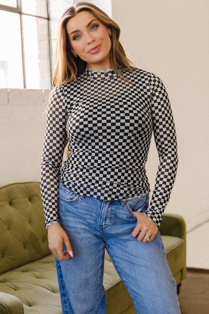 Checkered Print Mesh Top