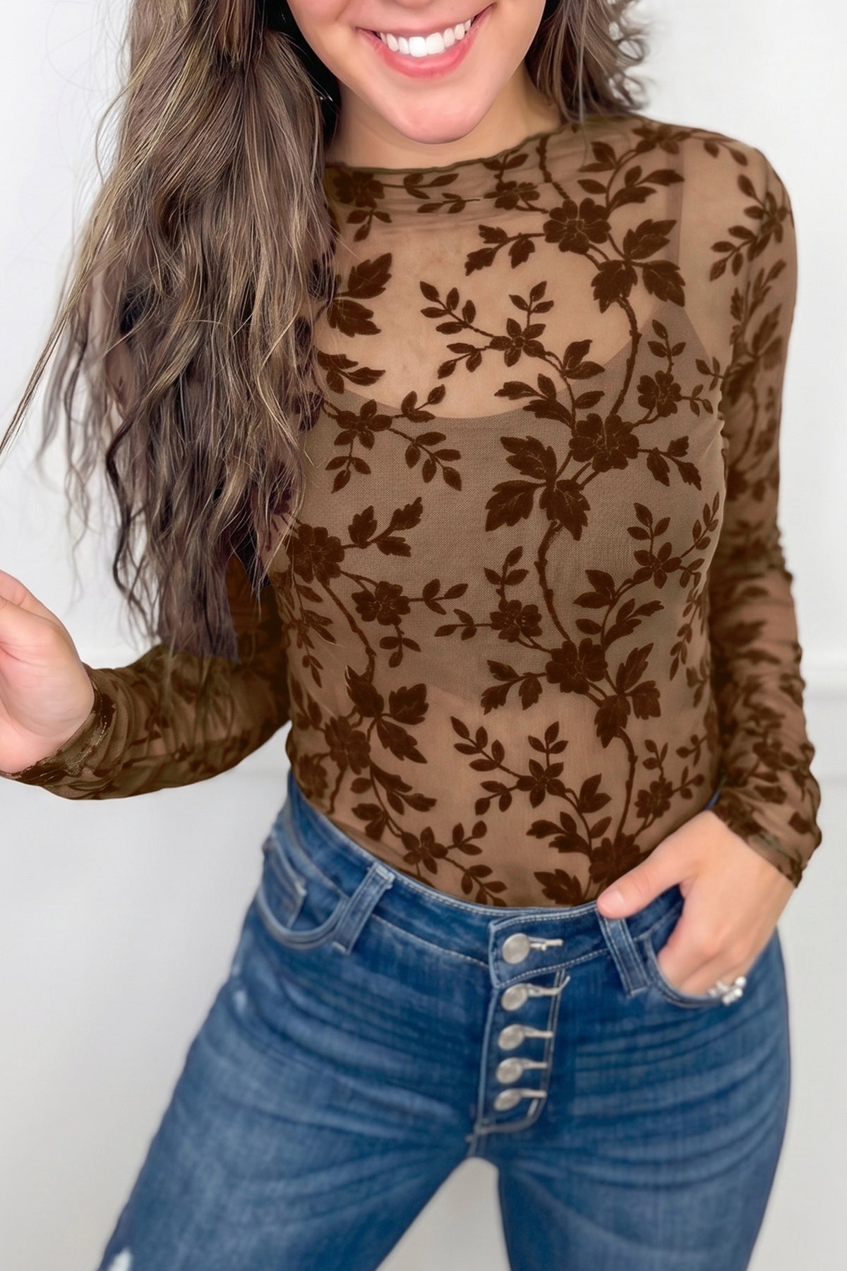 Winter Rose Floral Mesh Top