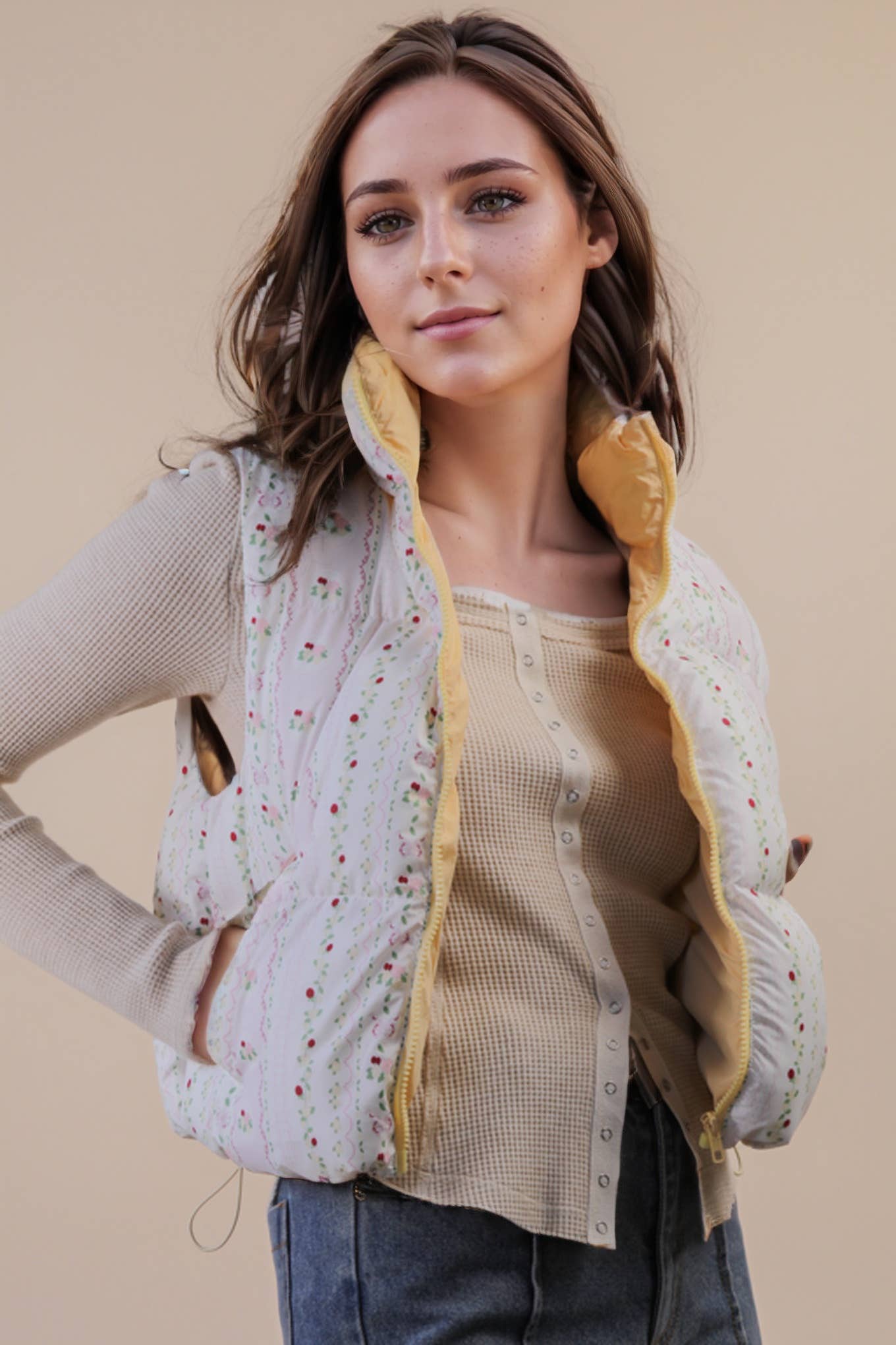 NJ90395-Floral Printed Cropped Puffer Vest