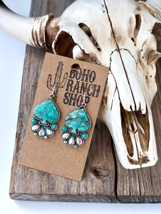 Western Style Spade Stone & Rhinestone Drop Dangle Earrings
