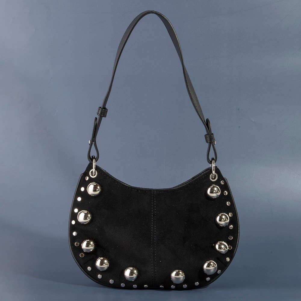 Ball Studded Trim Suede Hobo Shoulder Bags