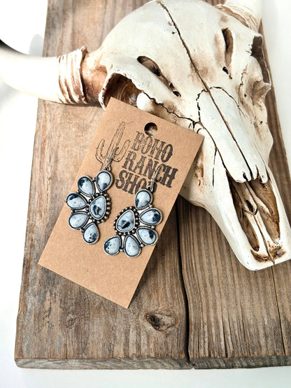 Western Half Concho Squash Blossom Stone Dangle Earrings