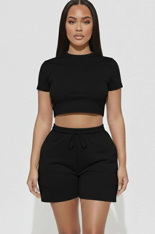 Fitted Crop Tee & Shorts Set - Black