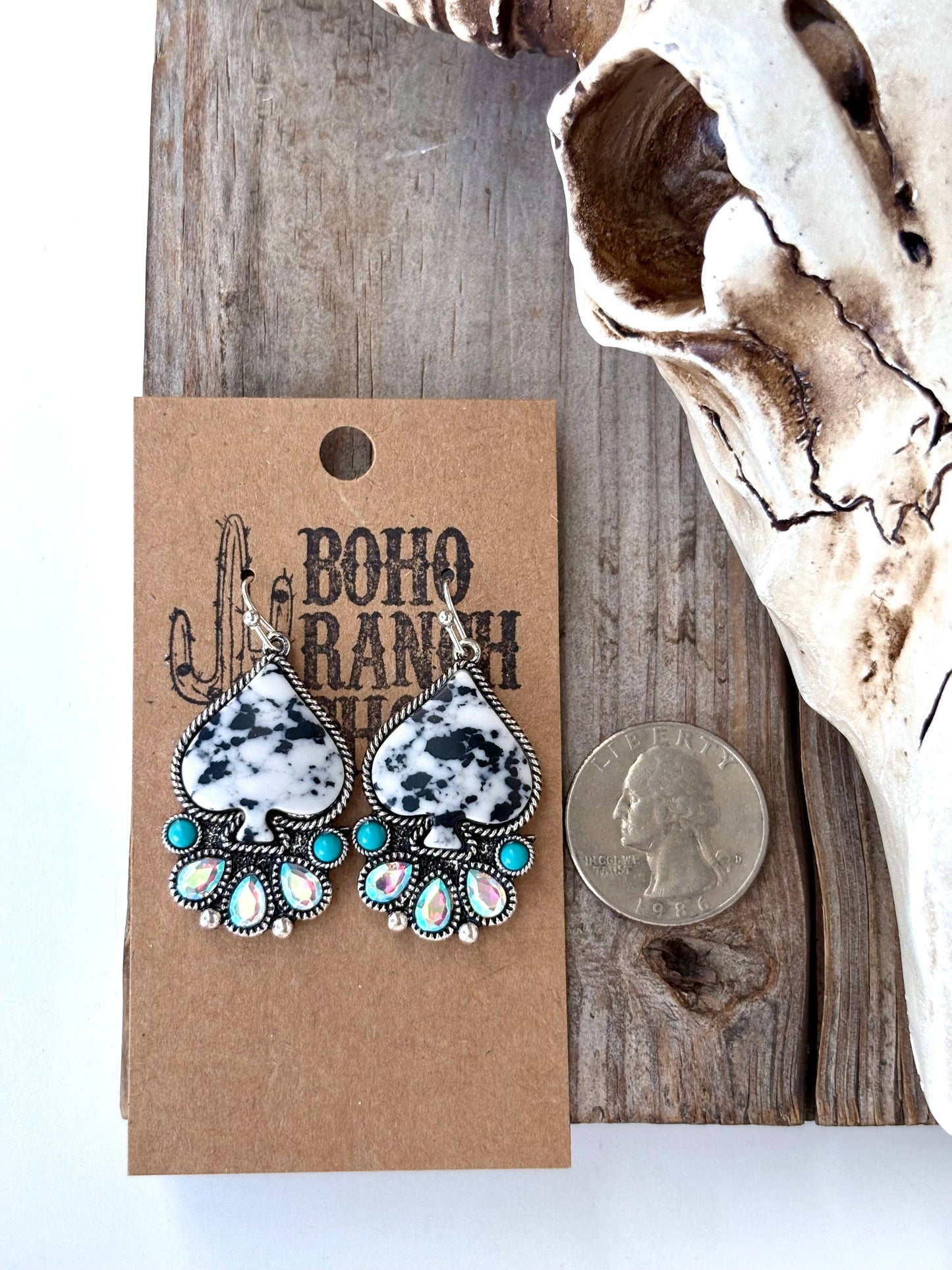 Western Style Spade Stone & Rhinestone Drop Dangle Earrings