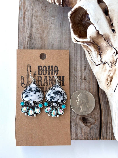 Western Style Spade Stone & Rhinestone Drop Dangle Earrings